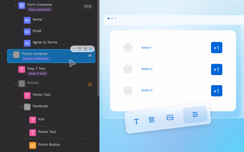 Points for Actions dashboard showing reward actions