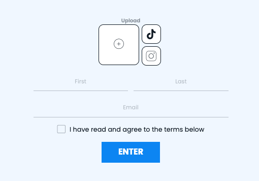 The published entry form — upload with TikTok and Instagram options, name and email fields, terms checkbox, and an Enter button