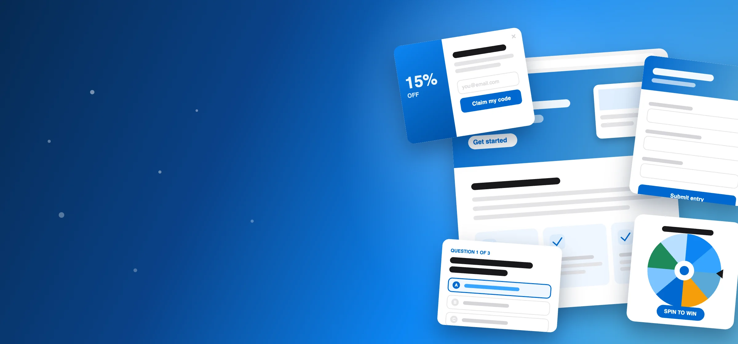 A showcase of ShortStack templates — a website pop-up, landing page, lead form, quiz, and spin-to-win wheel