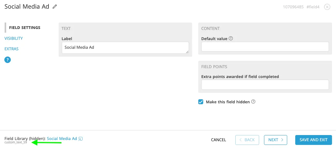 Field Widget settings for a field named Social Media Ad, with a green arrow pointing to the Internal Field Map ID, custom_text_59, in the bottom left corner.