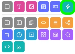 The Add Widgets panel with the Action Widget icon, a lightning bolt, circled in green.