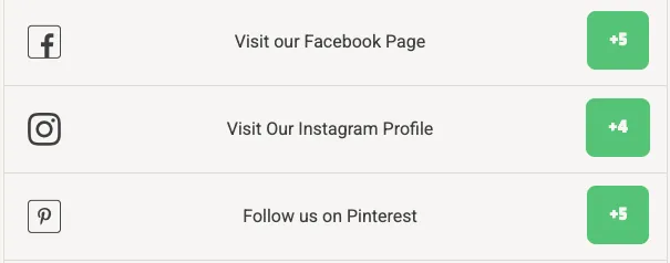 A three-column Points for Actions layout: the same three actions, each with its social network icon on the left and a green points button on the right.