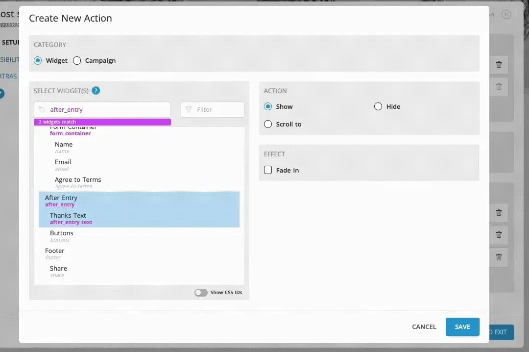 The Create New Action dialog. Category is set to Widget, after_entry is typed into the widget search, After Entry and Thanks Text are highlighted in the list, and the Action is set to Show.