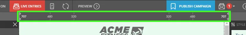 The Campaign Builder toolbar with the preview width Ruler outlined in green, marked with the breakpoints 707, 480 and 320 pixels.