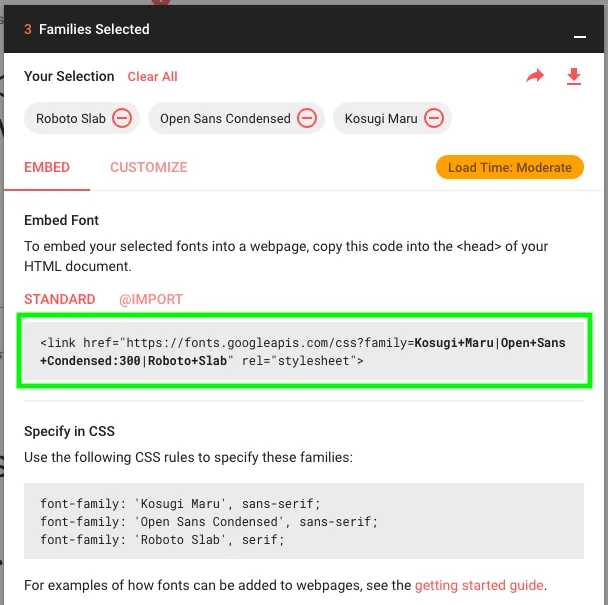 The Google Fonts selection panel with three families chosen: Roboto Slab, Open Sans Condensed and Kosugi Maru. On the Embed tab, the standard stylesheet link tag is outlined in green.