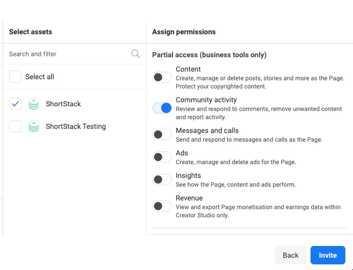 Meta Business Suite permissions. On the left a Page is selected; on the right, under Partial access, the Community activity toggle is switched on while Content, Messages and calls, Ads, Insights and Revenue remain off.