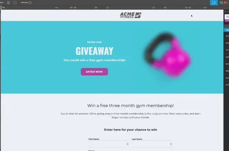 A published giveaway campaign in the builder preview: an Acme Fitness header, a turquoise hero reading Enter our Giveaway with an Enter now button, and a name and email entry form below.