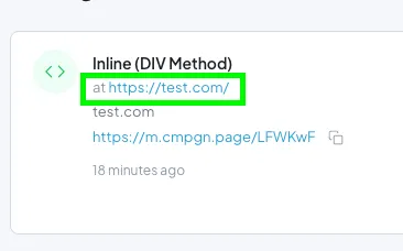 A campaign publication record for the Inline DIV method, with the embed address https://test.com/ outlined in green, followed by the campaign's own short URL.