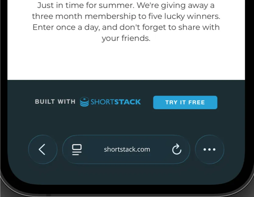 Mobile view of the ShortStack branded footer at the foot of a campaign, showing Built with ShortStack and a Try it free button.