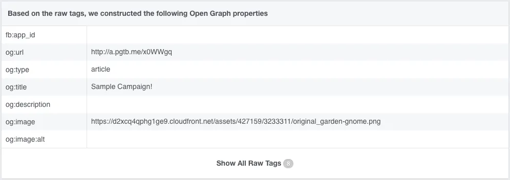Facebook's Sharing Debugger showing the Open Graph properties read from a campaign: og:url, og:type article, og:title Sample Campaign, and an og:image URL.
