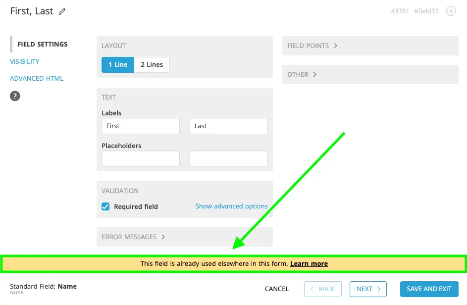 Field Widget settings for a First and Last name field. A green arrow points to a yellow warning bar reading This field is already used elsewhere in this form.